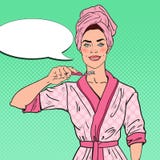Pop Art Smiling Pretty Woman met Tandenborstel Mondelinge hygiëne Stock Foto Pop Art Smiling Pretty Woman met Tandenborstel Mondelinge hygiëne Stock Foto