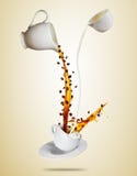 Porcelaine white cup with splashing coffee and milk liquid separated on brown background. Royalty Free Stock Images Porcelaine white cup with splashing coffee and milk liquid separated on brown background. Royalty Free Stock Images