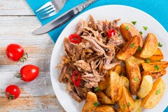 Porción de carne deliciosa lento-cocinada tirada con la patata frita fotos de archivo libres de regalías Porción de carne deliciosa lento-cocinada tirada con la patata frita fotos de archivo libres de regalías