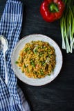 Porridge della lenticchia con le verdure e le erbe Stile di vita sano Menu dietetico Priorit? bassa di legno scura Vista da sopra immagine stock Porridge della lenticchia con le verdure e le erbe Stile di vita sano Menu dietetico Priorit? bassa di legno scura Vista da sopra immagine stock