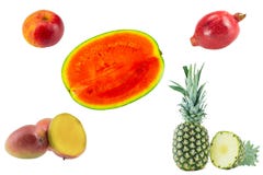 Porte des fruits le ramassage Ensemble de fruits tropicaux et une de pomme d'isolement image stock Porte des fruits le ramassage Ensemble de fruits tropicaux et une de pomme d'isolement image stock