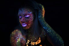 Portrait of Beautiful Fashion Woman in Neon UF Light. Model Girl with Fluorescent Creative Psychedelic MakeUp, Art Stock Image Portrait of Beautiful Fashion Woman in Neon UF Light. Model Girl with Fluorescent Creative Psychedelic MakeUp, Art Stock Image