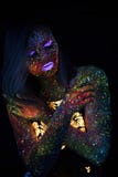 Portrait of Beautiful Fashion Woman in Neon UF Light. Model Girl with Fluorescent Creative Psychedelic MakeUp, Art Stock Images Portrait of Beautiful Fashion Woman in Neon UF Light. Model Girl with Fluorescent Creative Psychedelic MakeUp, Art Stock Images