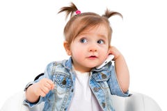 Portrait of a beautiful little girl, talking on the phone stock photos Portrait of a beautiful little girl, talking on the phone stock photos
