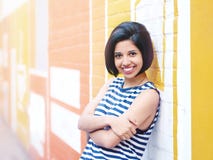 Portrait of beautiful smiling young hipster latin hispanic girl woman with short hair bob Stock Photos Portrait of beautiful smiling young hipster latin hispanic girl woman with short hair bob Stock Photos