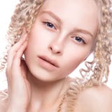 Portrait of a beautiful woman with curly blonde stock photo Portrait of a beautiful woman with curly blonde stock photo