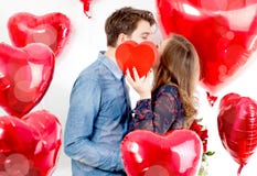 Portrait of cutte Women and men with balloons heart Valentinsday. royalty free stock photography Portrait of cutte Women and men with balloons heart Valentinsday. royalty free stock photography