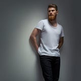 Portrait d'un homme bel dans un T-shirt blanc du gris images stock Portrait d'un homme bel dans un T-shirt blanc du gris images stock