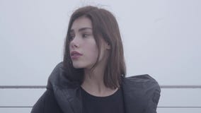 Portrait d'une jeune fille mignonne avec les cheveux foncés se tenant dans une veste noire par temps brumeux dehors clips vidéos Portrait d'une jeune fille mignonne avec les cheveux foncés se tenant dans une veste noire par temps brumeux dehors clips vidéos