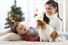 Portrait d'une mère heureuse et de son petit fils avec le chien passant ensemble le temps de Noël à la maison près de l'arbre de images libres de droits Portrait d'une mère heureuse et de son petit fils avec le chien passant ensemble le temps de Noël à la maison près de l'arbre de images libres de droits