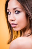 Portrait de maquillage naturel de jeune femme élégante sur le fond jaune regarder l'appareil-photo images stock Portrait de maquillage naturel de jeune femme élégante sur le fond jaune regarder l'appareil-photo images stock