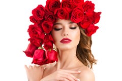 Portrait Elegant Young Caucasian Girl With Red Roses On Head Stock Image Portrait Elegant Young Caucasian Girl With Red Roses On Head Stock Image