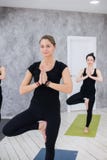 Portrait of fitness class and instructor with hands joined at exercise studio stock images Portrait of fitness class and instructor with hands joined at exercise studio stock images