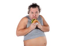 Portrait of funny fat man eating fast food burger isolated on white background stock photos Portrait of funny fat man eating fast food burger isolated on white background stock photos
