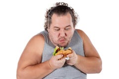 Portrait of funny fat man eating fast food burger isolated on white background royalty free stock photography Portrait of funny fat man eating fast food burger isolated on white background royalty free stock photography