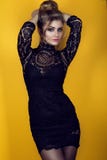Portrait of a gorgeous young glam lady with updo hairstyle wearing tight-fitting short black lace dress and stockings. royalty free stock images Portrait of a gorgeous young glam lady with updo hairstyle wearing tight-fitting short black lace dress and stockings. royalty free stock images
