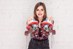 Portrait of happiness woman, pointing at quads camera. royalty free stock images Portrait of happiness woman, pointing at quads camera. royalty free stock images