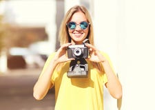 Portrait Happy Pretty Blonde Woman Wearing Sunglasses With Camera Royalty Free Stock Photo Portrait Happy Pretty Blonde Woman Wearing Sunglasses With Camera Royalty Free Stock Photo