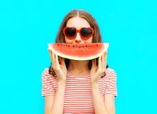 portrait happy young woman is holding slice of watermelon Royalty Free Stock Photography portrait happy young woman is holding slice of watermelon Royalty Free Stock Photography
