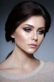 Portrait haut ?troit de profil d'une jeune femme gracieuse avec le maquillage parfait et la peau fra?che, sur un fond gris images stock Portrait haut ?troit de profil d'une jeune femme gracieuse avec le maquillage parfait et la peau fra?che, sur un fond gris images stock