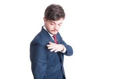 Portrait of marketing manager cleaning suit from clothes scam Stock Images Portrait of marketing manager cleaning suit from clothes scam Stock Images