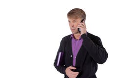 Portrait of middle aged man holding a notebook and talking on mobile phone over white background stock photography Portrait of middle aged man holding a notebook and talking on mobile phone over white background stock photography