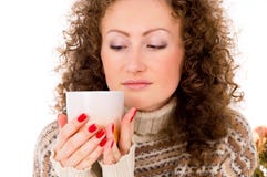 Portrait Of A Girl In A Sweater And A Mug Stock Photos Portrait Of A Girl In A Sweater And A Mug Stock Photos