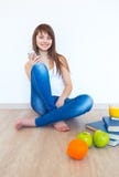 Portrait Of A Young Woman With Headphones And Green Apple Listen Royalty Free Stock Photo Portrait Of A Young Woman With Headphones And Green Apple Listen Royalty Free Stock Photo