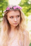 Portrait Of Beautiful Bride Blonde In Pink Lace Dress In The Hair Ornament Handmade.Big Facial Royalty Free Stock Image Portrait Of Beautiful Bride Blonde In Pink Lace Dress In The Hair Ornament Handmade.Big Facial Royalty Free Stock Image