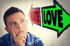 Portrait Of Handsome Teenager Faced With Choice Between HATE And Royalty Free Stock Photos Portrait Of Handsome Teenager Faced With Choice Between HATE And Royalty Free Stock Photos