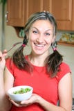 Portrait Of Young Happy Woman Eating Salad At Home Royalty Free Stock Photos Portrait Of Young Happy Woman Eating Salad At Home Royalty Free Stock Photos