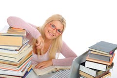 Portrait Of Young Student Woman With Lots Of Books Stock Images Portrait Of Young Student Woman With Lots Of Books Stock Images