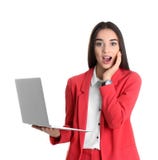 Portrait of surprised young woman in office wear with laptop stock images Portrait of surprised young woman in office wear with laptop stock images