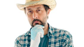 Portrait of thoughtful farmer on white background royalty free stock photo Portrait of thoughtful farmer on white background royalty free stock photo