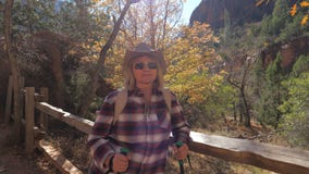 Portrait Of Woman Tourist With Trekking Poles Standing At Fence stock photo Portrait Of Woman Tourist With Trekking Poles Standing At Fence stock photo