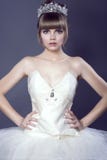 Portrait of young beautiful ballerina in jewel crystal crown wearing white corset and tutu standing with her hands on hips stock photography Portrait of young beautiful ballerina in jewel crystal crown wearing white corset and tutu standing with her hands on hips stock photography