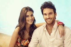 Portrait of young happy casual couple on vacation stock photo Portrait of young happy casual couple on vacation stock photo