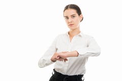 Young pretty business woman showing late gesture royalty free stock photography Young pretty business woman showing late gesture royalty free stock photography