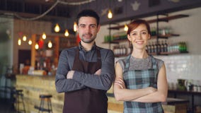 Portret dwa rozochoconego kelnera stoi wśrodku wygodnej kawiarni i patrzeje kamerę, uśmiechnięty Pomyślny biznes, szczęśliwy zbiory wideo Portret dwa rozochoconego kelnera stoi wśrodku wygodnej kawiarni i patrzeje kamerę, uśmiechnięty Pomyślny biznes, szczęśliwy zbiory wideo