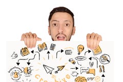 Portret młodego człowieka mienia deska z strategii nakreśleniem obrazy stock Portret młodego człowieka mienia deska z strategii nakreśleniem obrazy stock