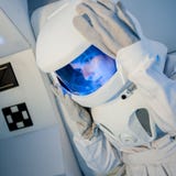 Portret młody piękny kobieta astronauta, zakończenie fotografia royalty free Portret młody piękny kobieta astronauta, zakończenie fotografia royalty free