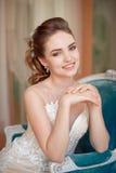 Portret Piękny luksusowy kobieta model z średnim brown włosy w długiej fashinable smokingowej pozyci w pokoju zdjęcie stock Portret Piękny luksusowy kobieta model z średnim brown włosy w długiej fashinable smokingowej pozyci w pokoju zdjęcie stock
