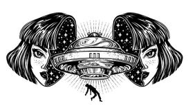 Portriat необыкновенного космического корабля чужеземца от стороны космического пространства в маскировке как человеческая девушк иллюстрация вектора Portriat необыкновенного космического корабля чужеземца от стороны космического пространства в маскировке как человеческая девушк иллюстрация вектора