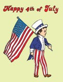 Porträt des kleinen Jungen in Uncle Sam Kostüm gehend mit amerikanischer Flagge, glücklich Juli 4., Kartendesign vektor abbildung Porträt des kleinen Jungen in Uncle Sam Kostüm gehend mit amerikanischer Flagge, glücklich Juli 4., Kartendesign vektor abbildung