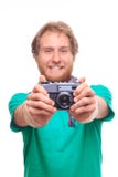 Porträt des netten Fotografen mit Kamera stockbilder Porträt des netten Fotografen mit Kamera stockbilder