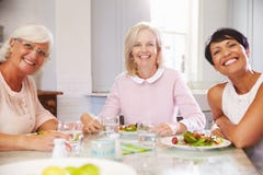 Porträt von den reifen Freundinnen, die zu Hause Mahlzeit genießen lizenzfreie stockfotografie Porträt von den reifen Freundinnen, die zu Hause Mahlzeit genießen lizenzfreie stockfotografie