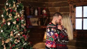 Porträt von zwei schön und von den glücklichen jungen Liebhabern, die nahe dem Weihnachtsbaum umarmen stock footage Porträt von zwei schön und von den glücklichen jungen Liebhabern, die nahe dem Weihnachtsbaum umarmen stock footage