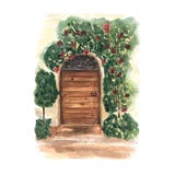 Postal de la acuarela con la puerta de madera vieja floral decorativa Diseño de Provence Lugar romántico de Italia ilustración del vector Postal de la acuarela con la puerta de madera vieja floral decorativa Diseño de Provence Lugar romántico de Italia ilustración del vector
