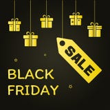 postal festiva Cajas de regalo de oro colgantes y VENTA de precio e inscripción Black Friday en fondo negro Vector ilustración del vector postal festiva Cajas de regalo de oro colgantes y VENTA de precio e inscripción Black Friday en fondo negro Vector ilustración del vector