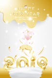 Postcard Happy new year 2019 with original gold shining font. Postcard with pink pig zodiac sign and with balloons in. Sale Banner Happy new year 2019 with stock illustration Postcard Happy new year 2019 with original gold shining font. Postcard with pink pig zodiac sign and with balloons in. Sale Banner Happy new year 2019 with stock illustration